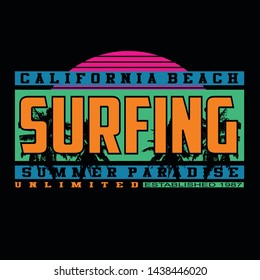 Surfing adventure, California beach, destination. lettering tee element. Vintage graphic t-shirt print. vector illustration design. - Shutterstock ID 1438446020