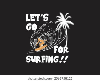 Surfing adventure design with retro palm tree and wave art for ocean lovers