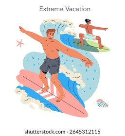 Surfing adventure illustration showing two men enthusiastically riding ocean waves on brightly colored surfboards, capturing the thrill of extreme water sports.