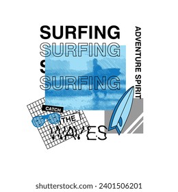 Surfing Adventure spirit catch the waves typography ocean beach surfer graphic poster design