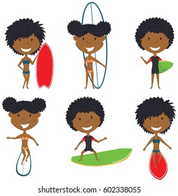 Surfing African-American female characters vector set. Beautiful girls with surface board. Summer beach woman activities. Cute young surfers isolated on white background.