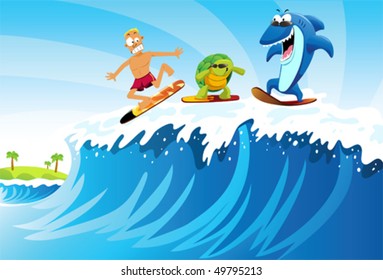 Surfing against Shark and Turtle A man surfing on the sea followed by turtle and shark with sunglasses.