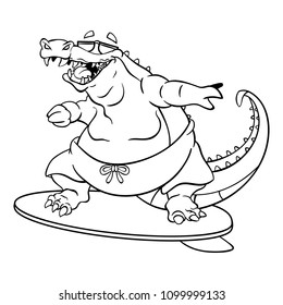 Surfing Alligator Coloring Book Cartoon Vector