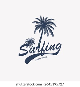Surf Aloha Hawaii Beach Retro Emblem Design. Design clássico "Surfing Aloha" com onda retrô e emblema de palmeira, ideal para camisetas havaianas com vibrações de praia e gráficos de estilo de vida de surfista.