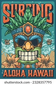 Surfing aloha Hawaii colorful flyer with polynesian god head beach totem for surfers home interior decoration vector illustration