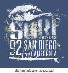 Surfing artwork. Black's beach San Diego California. T-shirt apparel print graphics. Original graphics Tee