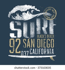 Surfing artwork. Black's beach San Diego California. T-shirt apparel print graphics. Original graphics Tee