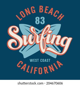 Surfing artwork. California Long Beach design. Vector illustration in vintage style for T-shirt print.