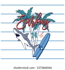Surfing artwork for clothing.Surfboard, shark,palm drawing.Fun t-shirt design for kids.Vector illustration design for fashion fabrics, textile graphics, print.