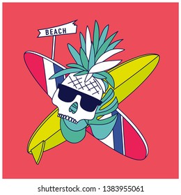Surfing artwork for clothing.Surfboard, skull,pineapple,tropical leave drawing.Fun t-shirt design for kids.Vector illustration design for fashion fabrics, textile graphics, print.