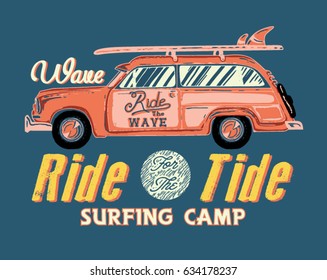 Surfing artwork with a hippie van. Malibu beach California. T-shirt apparel print graphics.