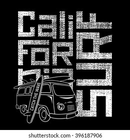 Surfing artwork with a hippie van and surfboards. T-shirt apparel print graphics. Original graphic Tee