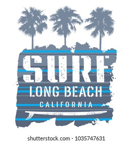 Surfing artwork. Long Beach California T-shirt apparel print graphics. Vintage graphic Tee. Vector Illustration on the theme of surfing in California