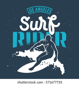 Surfing artwork. Los Angeles Surf Rider hand made lettering. T-shirt apparel print graphics. Original graphic Tee