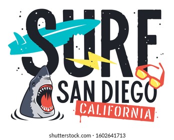 Surfing artwork for t-shirt design. San Diego California surf typography. Vector illustration of an angry shark, sunglasses, surfboard and lightning on the theme of surfing and summer rest