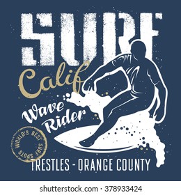 Surfing artwork. Wave rider. Surf California. T-shirt apparel print graphics. Original graphics Tee