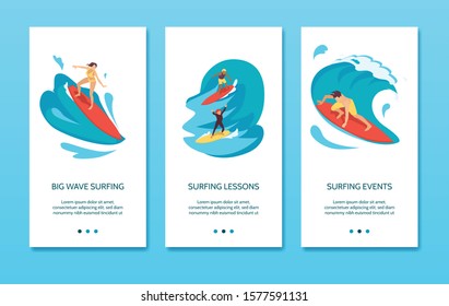 Surfing association big wave events instructors lessons equipment 3 vertical isometric banners blue background vector illustration 