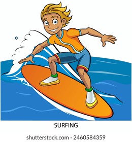 Surfing athlete isolated on white background in cartoon style. Summer Games 2024. Vector illustration.