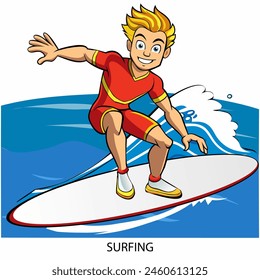 Surfing athlete isolated on white background in cartoon style. Summer Games 2024. Vector illustration.