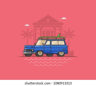 Surfing auto travel concept vector illustration in flat style. Blue SUV with surfing board on seaside town. Summer vacation landscape with automobile on mediterranean village backdrop.