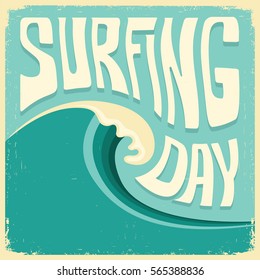 Surfing background with big ocean wave and text on old poster