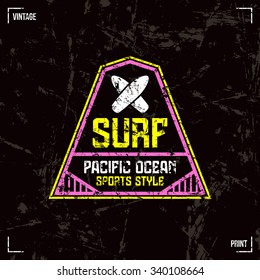 Surfing badge. Graphic design for t-shirt. Color print on black background