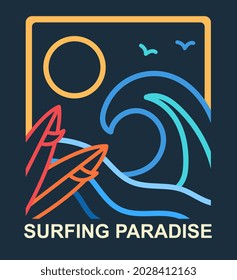 Surfing badges concept. Abstract icon with the sea, sun, waves and surfboards. Design of logo or poster for extreme sports. Minimalistic line art modern illustration isolated on black background