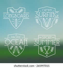 Surfing badges and icons in thin line style. Graphic design for t-shirt. White lines on a blurred background