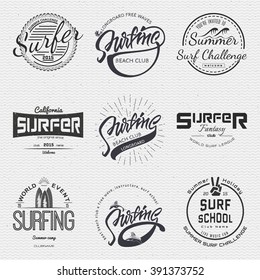 Surfing badges  sign handmade differences, made using calligraphy and lettering It can be used as insignia badge logo design 