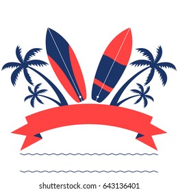 Surfing banner with palm trees and surfboards