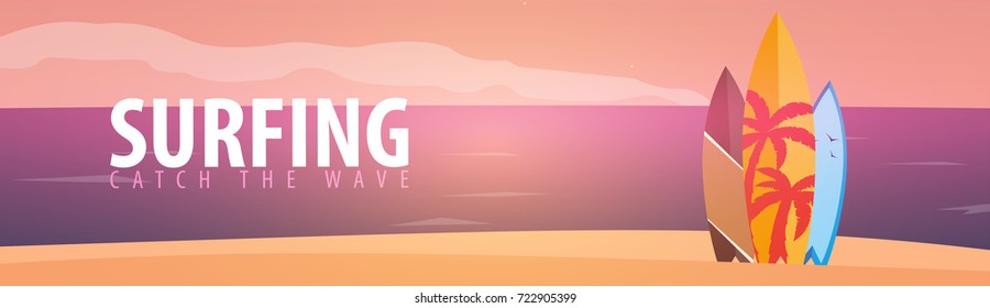 Surfing banner and poster. Surfboards on a beach. Surf and summer design
