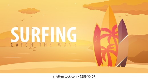 Surfing banner and poster. Surfboards on a beach. Surf and summer design