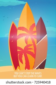 Surfing banner and poster. Surfboards on a beach. Surf and summer design