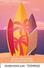 Surfing banner and poster. Surfboards on a beach. Surf and summer design