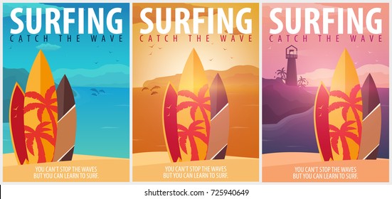 Surfing banner and poster. Surfboards on a beach. Surf and summer design