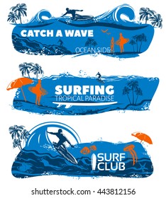 Surfing banner set with descriptions of catch a wave surfing tropical paradise and surf club vector illustration