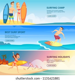Surfing banners illustrations. Vector design template surfing camp banner, poster web with sand beach woman with surfboard
