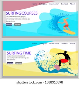 Surfing Banners Set, Summer Time Water Competition, Outdoors Sports Recreation, Active Lifestyle, Extreme Sport Cartoon Flat Vector Illustration.editable text