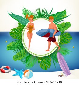 Surfing beach characters. Summer time. Vector cartoons