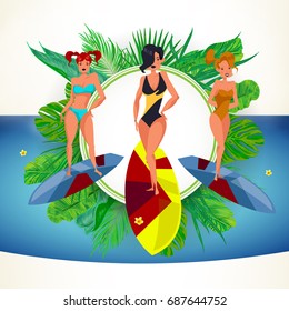 Surfing beach characters. Summer time. Vector cartoons