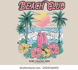 Surfing beach club. Summer flower print. Big wave. Beach palm tree. Summer club artwork. Summer good vibes artwork for apparel. palm long beach illustration vector.