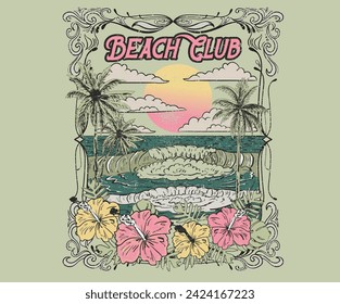 Club de playa de surf. Impresión floral de verano. Gran ola. Palmera de playa. Verano de buenas vibraciones de arte para ropa. vector de ilustración de la playa a lo largo de la palma. Flor tropical. 