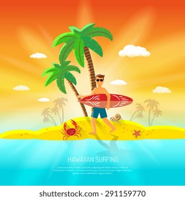 Surfing beach concept with surfer with board and palm on background flat vector illustration