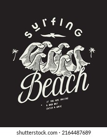 Surfing beach cute tall waves vintage typography print with palms and bird. great for silkscreen.