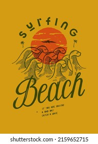 Surfing beach. Cute vintage waves in front of the sun and the bird in the sky. Vintage yellow silkscreen surfing t-shirt print vintage typography vector illustration.