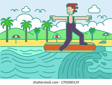 surfing at beach. flat illustration. color flat illustration surfing at beach. landscape.