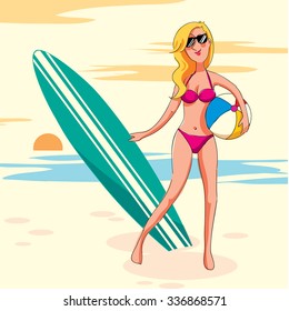 Surfing. beach girl with bikini Vector flat cartoon illustration