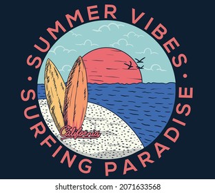 Surfing beach graphic print design for apparel . Retro artwork for t shirt, sticker, batch, men, girls and others.