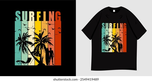 Surfing beach graphic t-shirt design. Summer clothing vector illustration with palm tree silhouette and sun symbol. Ready to print for t-shirt, apparel, tee, clothing and fashion.