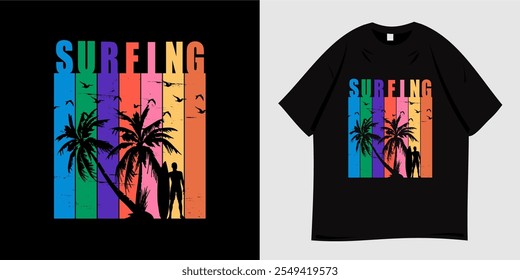 Surfing beach graphic t-shirt design. Summer clothing vector illustration with palm tree silhouette and sun symbol. Ready to print for t-shirt, apparel, tee, clothing and fashion.